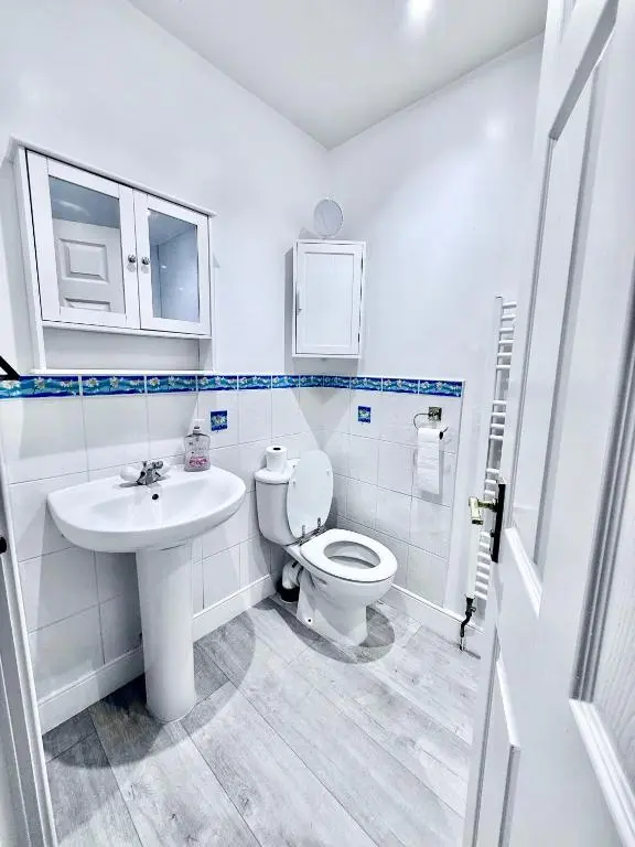 a white bathroom with a toilet and a sink at Spacious Iconic Lesmurdie House 2 bed, free WiFi and Parking in Elgin