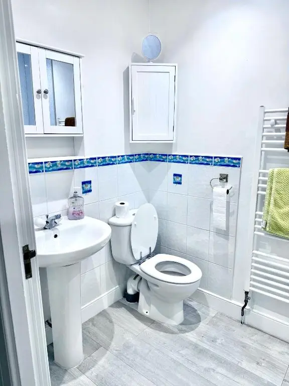 a white bathroom with a toilet and a sink at Spacious Iconic Lesmurdie House 2 bed, free WiFi and Parking in Elgin