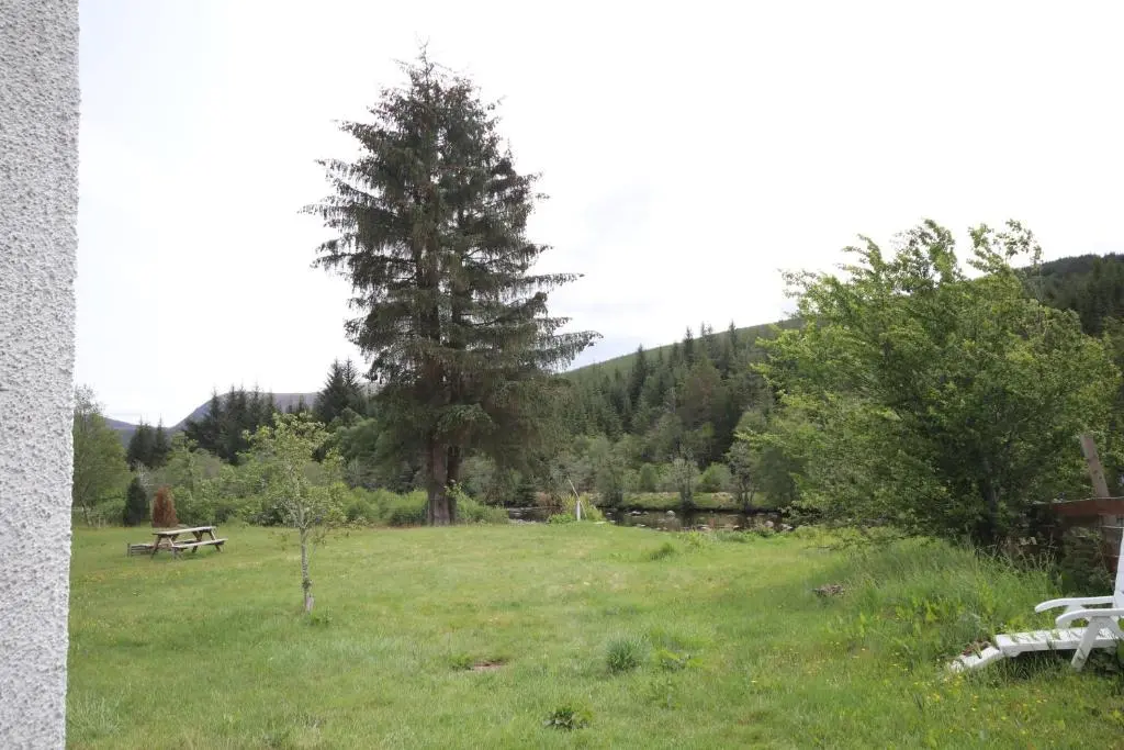 a park with a tree and benches in a field at Stag View in Garve