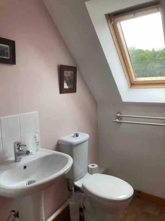 a bathroom with a white toilet and a sink at East Cottage, Brodie in Dyke