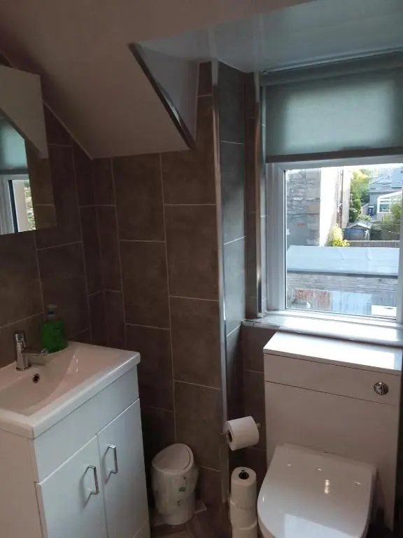 a bathroom with a sink and a toilet and a window at Cosy Crown 1 bedroom flat for up to 4 guests in Inverness