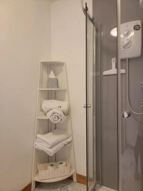 a towel rack in a bathroom with a shower at 'Wee Smiddy' Shepherd's Hut - Sauna - Yoga - Wild Swim in Skye of Curr