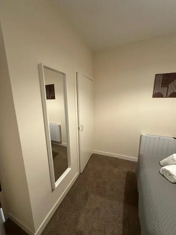 a bedroom with a mirror next to a bed at Alba Apartment in Inverness