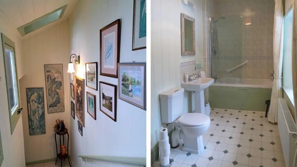 two pictures of a bathroom with a toilet and a sink at Dhivach Lodge in Drumnadrochit