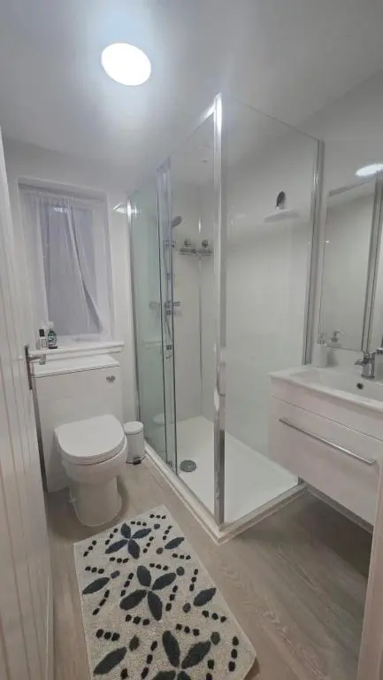 a bathroom with a shower and a toilet and a sink at Charlies Cottage in Inverness