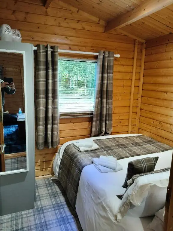 a bedroom with a bed in a wooden room at Emili Fois in Tore