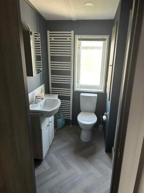 a bathroom with a toilet and a sink and a window at Parkview holiday lodge in Lossiemouth