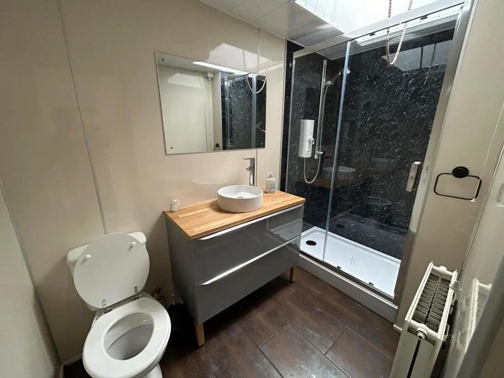 a bathroom with a toilet and a sink and a shower at Burnside Cottage in Fochabers