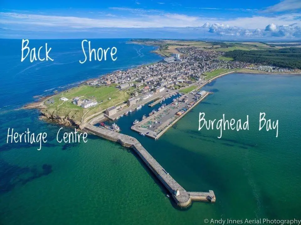 an aerial view of the island of black shore and barnegated hub at Rivendale Lodge in Burghead