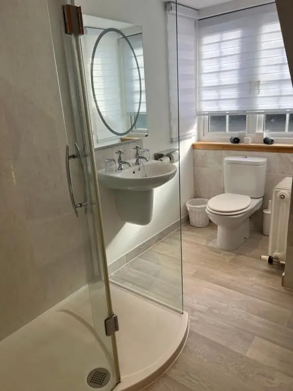 a bathroom with a shower and a sink and a toilet at Druid House B&B in Inverness