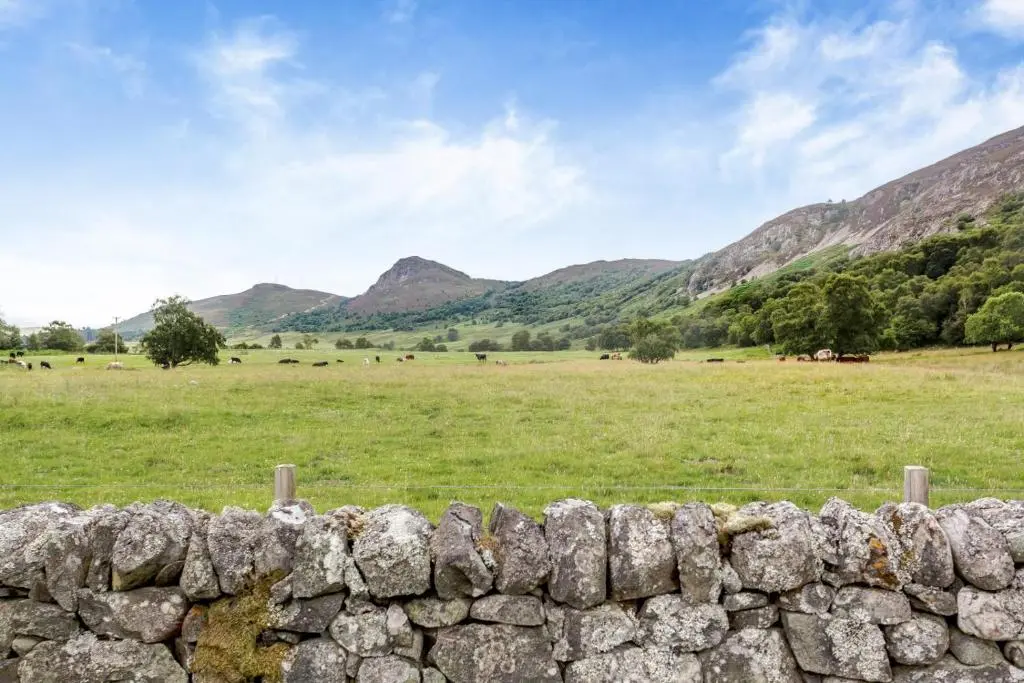 a stone wall in a field with mountains in the background at 1 Bed in Newtonmore oc-c32414 in Newtonmore