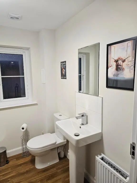 a white bathroom with a toilet and a sink at City and Loch Ness Blend in Inverness