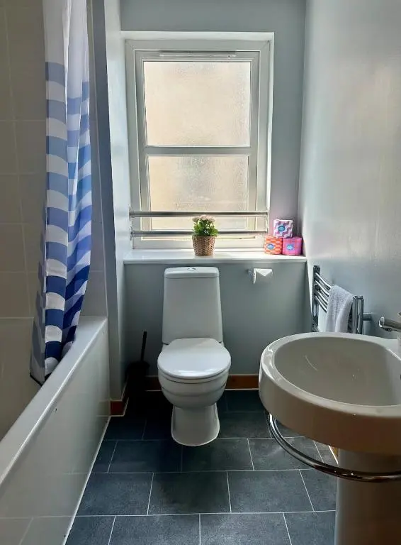 a bathroom with a toilet and a sink and a window at The Inver Nest in Inverness