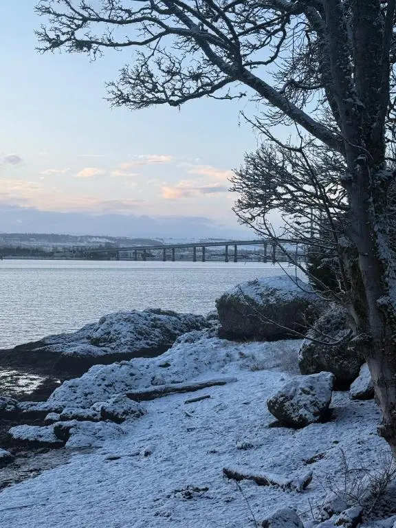 a snowy shore with a tree and a bridge in the background at The Boathouse at Croft Downie in Archiestown