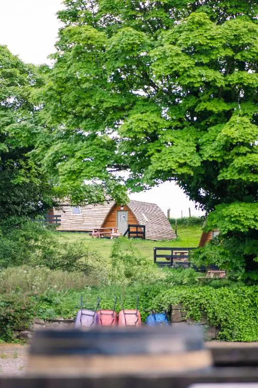 a barn and picnic tables in a field with trees at The Loft Glamping & Camping in Kinloss
