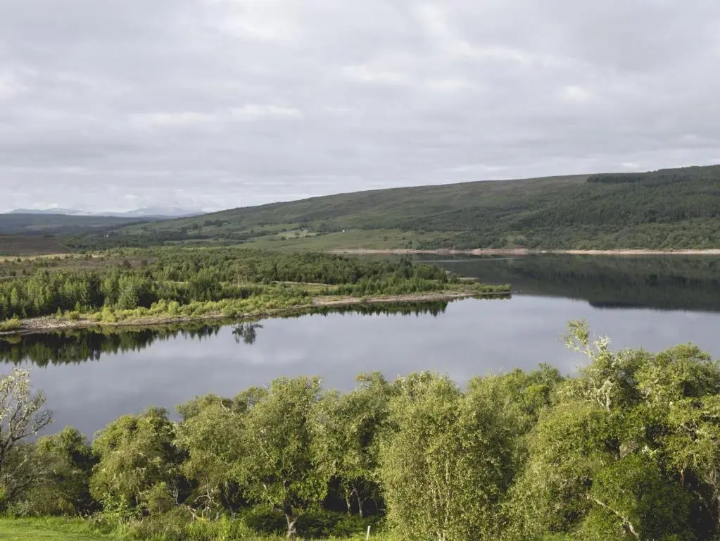 a view of a lake with trees and hills at Reids Cottage in Lairg