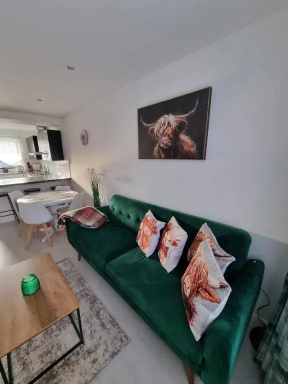 a living room with a green couch and a table at Highland Breeze Inverness in Inverness