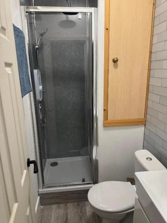 a bathroom with a shower and a toilet at Stephen's Brae Apartment, Inverness City Centre in Inverness