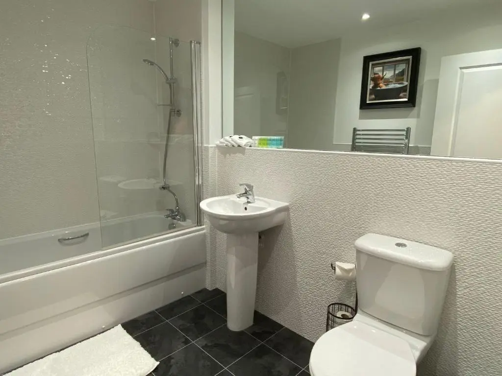 a bathroom with a toilet and a sink and a shower at travelNess Apartment in Inverness