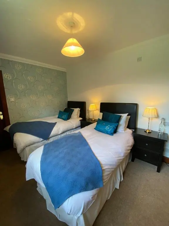 two beds in a room with blue pillows at Abalone Accommodation in Culbokie