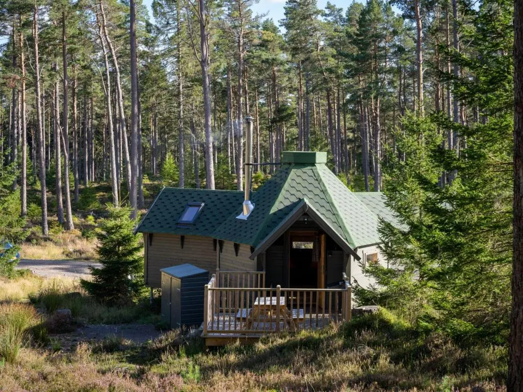 a cabin in the woods with a green roof at Apartment Hazel Bothy by Interhome in Coldstone