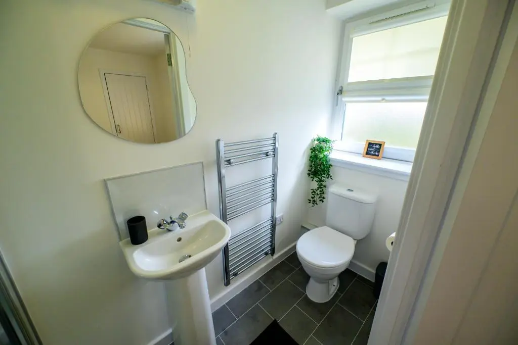 a bathroom with a toilet and a sink and a mirror at 2 Bed Property, Beauly in Beauly