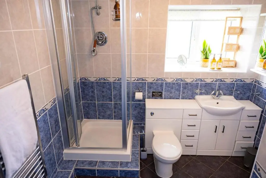 a bathroom with a shower and a toilet and a sink at Wynstone Cottage, Speyside in Fochabers
