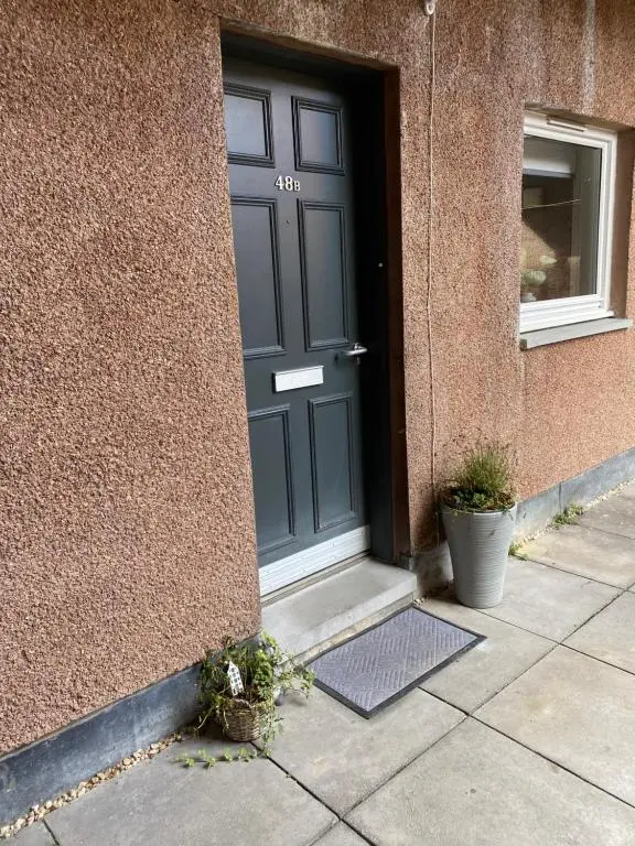 a blue door of a building with two potted plants at Church st 48B in Inverness