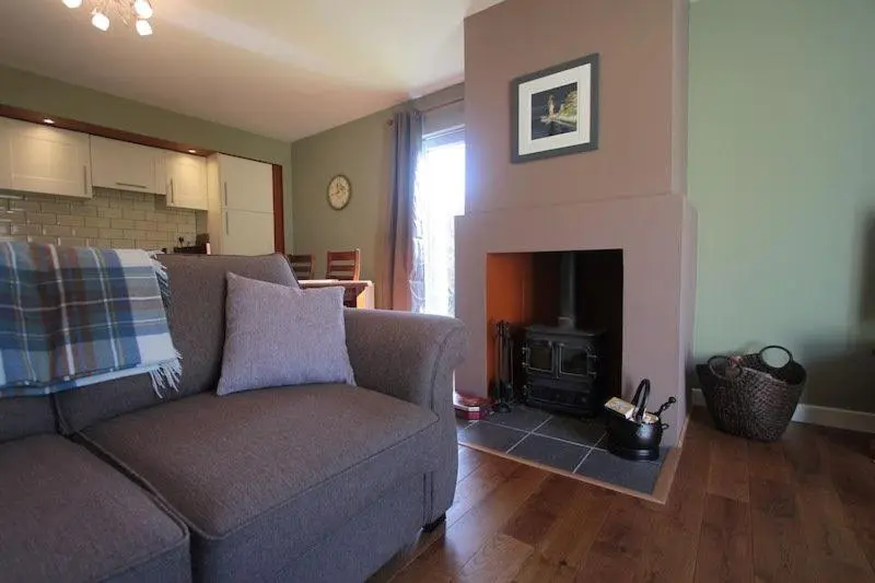 a living room with a couch and a fireplace at Cottage 7 - Skye Cottage in Fort Augustus
