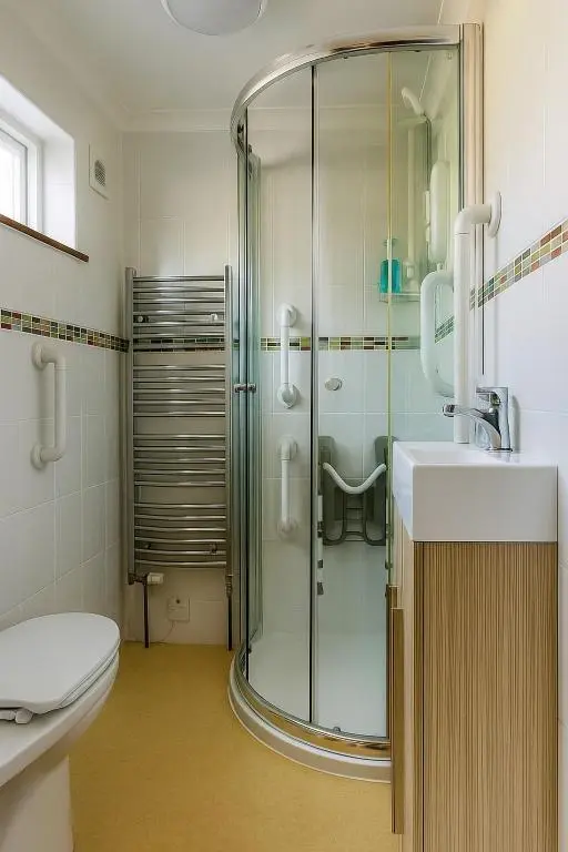 a bathroom with a shower and a sink and a toilet at Beachy Days and Family Stays in Nairn