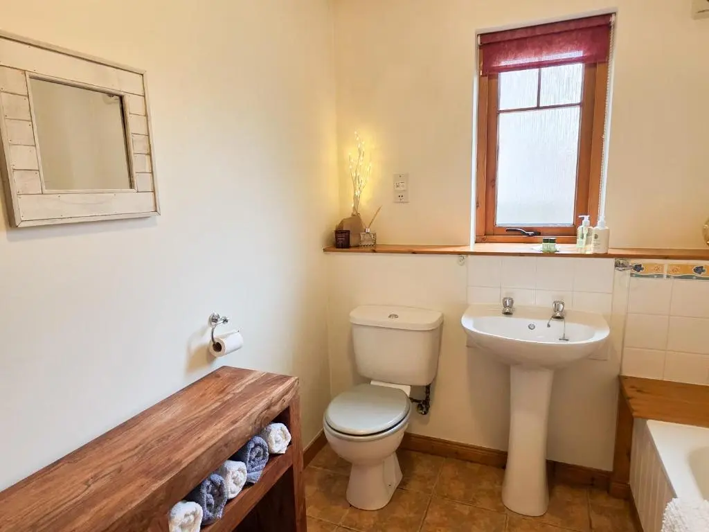 a bathroom with a toilet and a sink and a mirror at Casa Amor in Aviemore