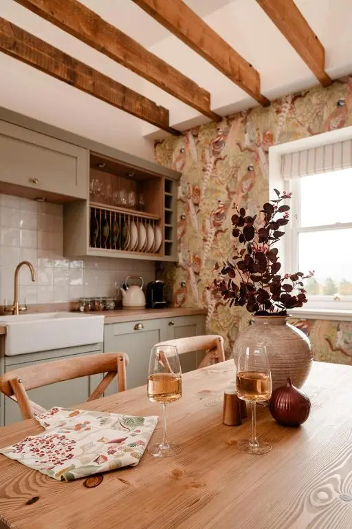 a kitchen with a wooden table with two glasses of wine at Garradh Cottage - Seasgair Lodges in Kincraig