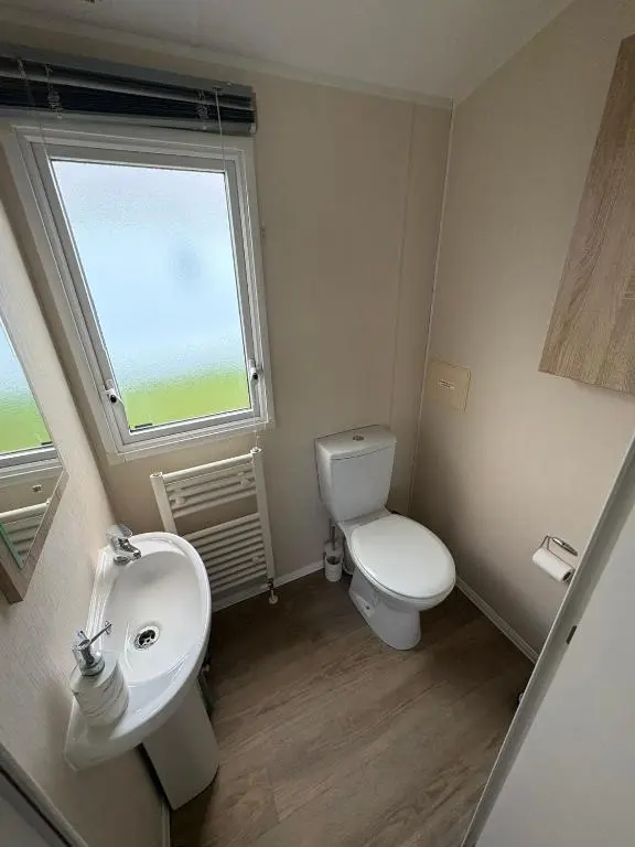 a bathroom with a toilet and a sink and a window at Pebble Cove 74 in Lossiemouth