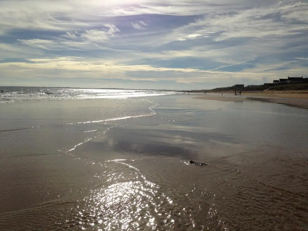 a beach with the ocean and the shoreline at Special Offer, Cosy Cottage Near the Sea in Embo in Embo