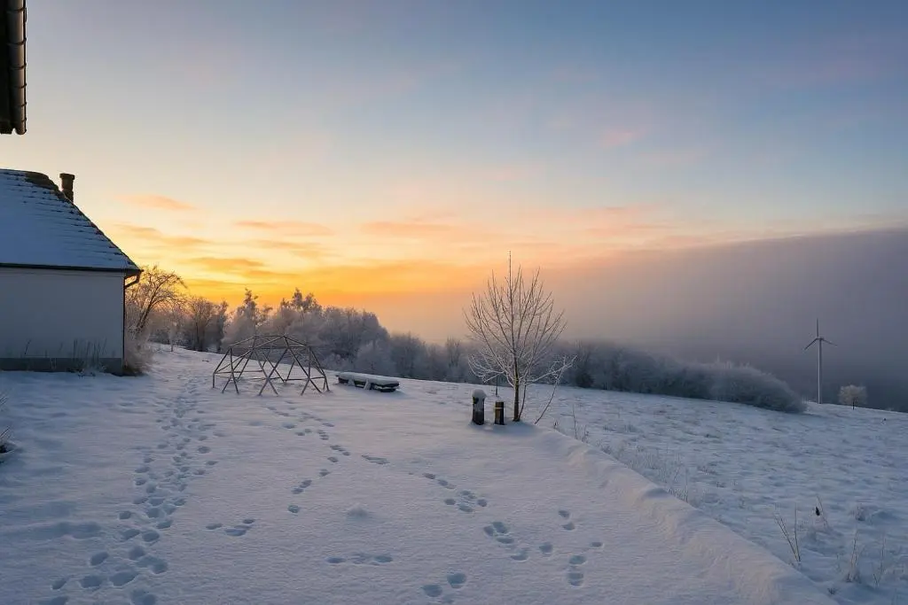 a snowy field with footprints in the snow and a barn at Overscaig House - The Annexe in Lairg