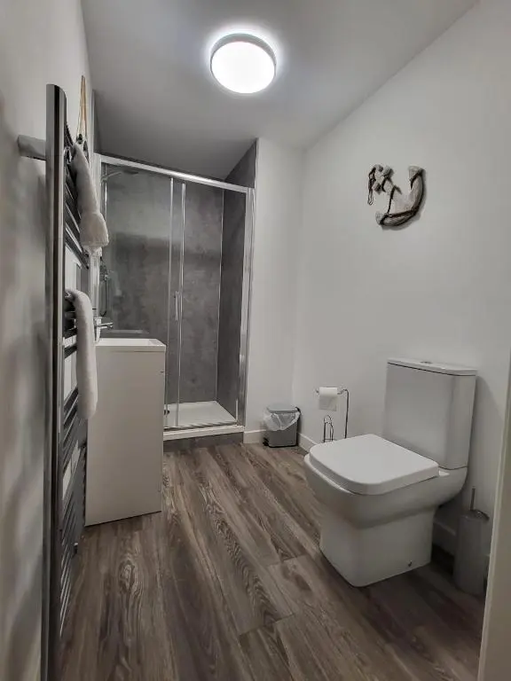 a bathroom with a toilet and a shower at Harbour Nights Lossiemouth in Lossiemouth