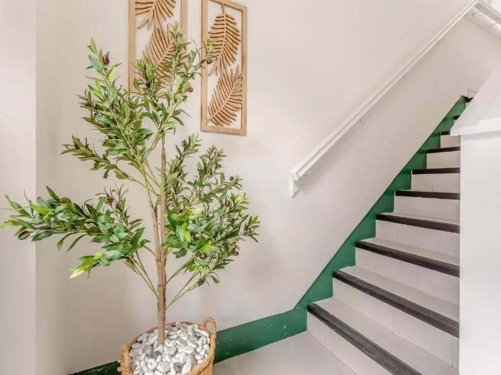 a plant in a basket next to a staircase at Family - Central - Parking - Wifi - Sleeps 3 in Inverness