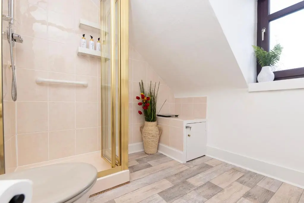 a bathroom with a shower and a toilet at Century House - 4BR - Free Parking - City Centre in Inverness