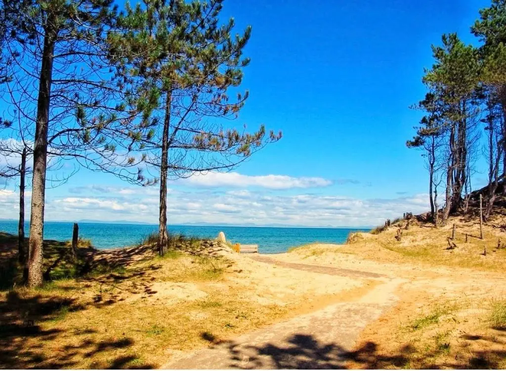 a dirt road next to the ocean with trees at The Beach Flat in Burghead