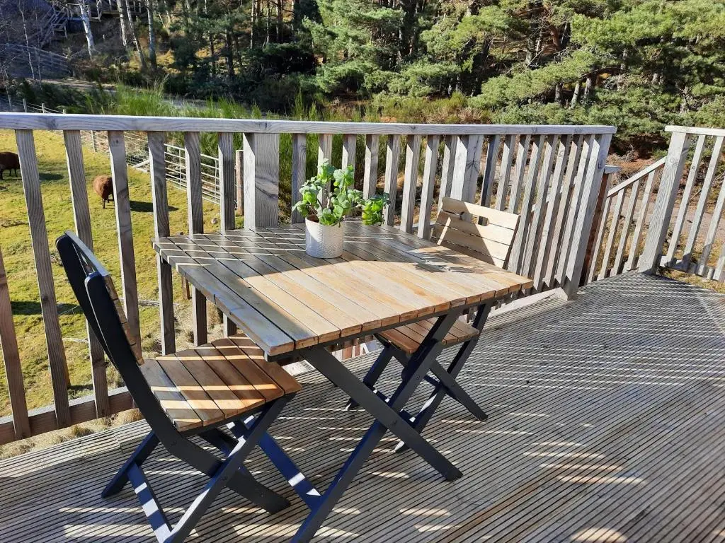 a wooden table with a plant on a deck at The Wee Loft in Carrbridge