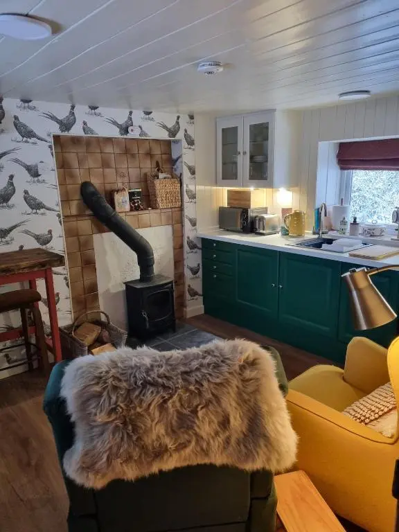 a living room with a stove and a kitchen at bochruben in Inverness