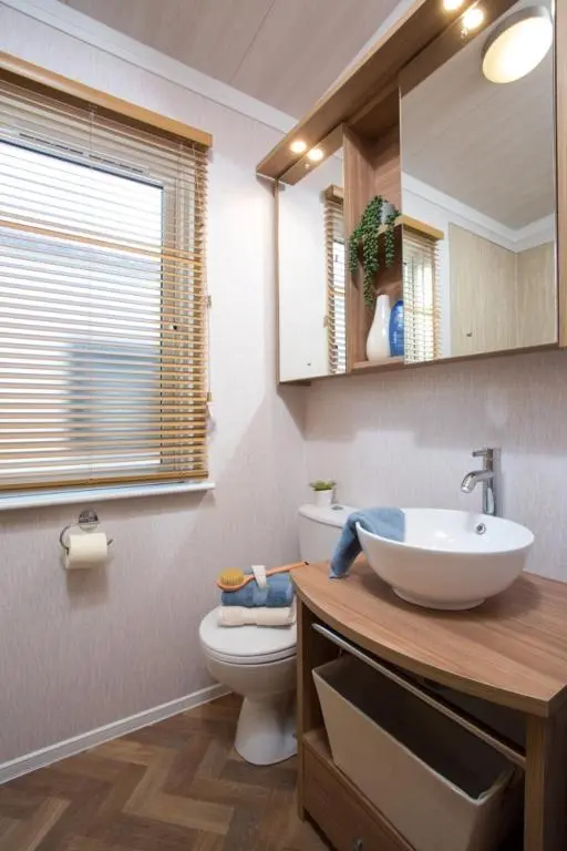 a bathroom with a sink and a toilet and a window at Lyndale Lodge