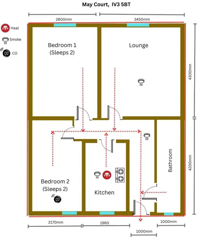 a floor plan of a building with a red dot at 2 Bed Central Apart - May Court in Inverness