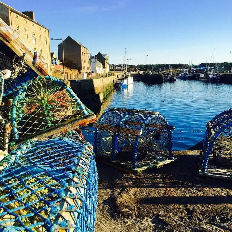 two empty chairs sitting next to a body of water at Harbour Haven in Burghead