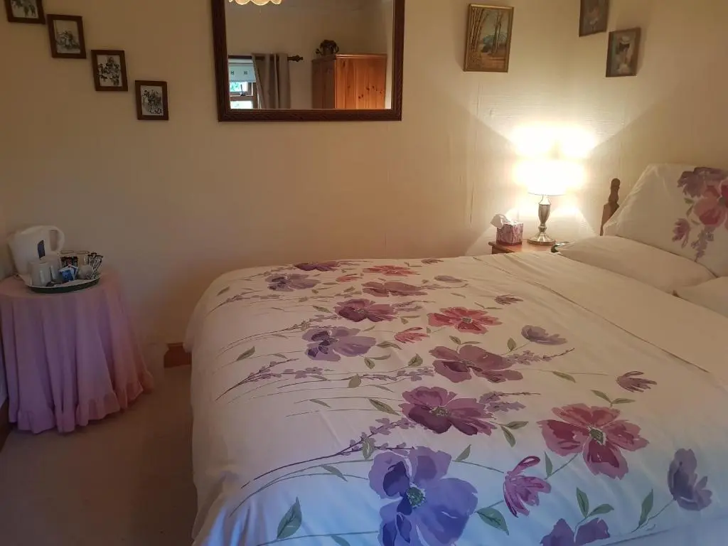a bedroom with a bed with a flower pattern on it at Hosefield Bed and Breakfast in Ellon