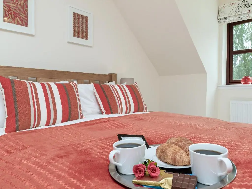 a tray with two cups of coffee and a cat on a bed at Birch Corner in Aviemore
