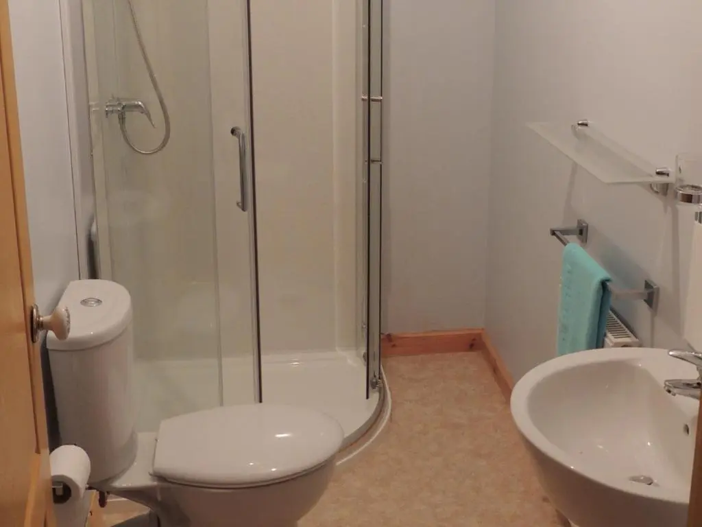 a bathroom with a shower and a toilet and a sink at Invicta House B&B in Golspie