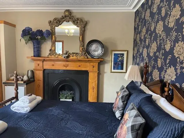 a bedroom with a bed with a fireplace and a mirror at Dionard Guest House in Inverness