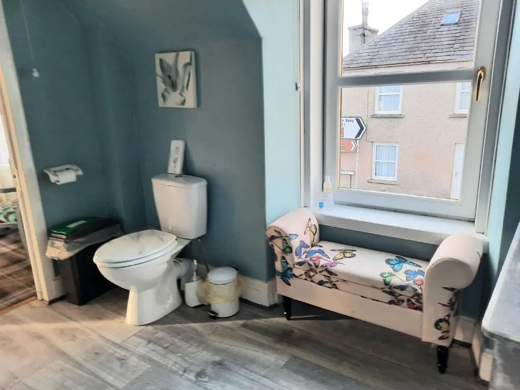 a bathroom with a toilet and a window at Argyle Guest House in Tomintoul
