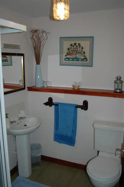 a bathroom with a sink and a toilet and a mirror at Dunhallin House in Inverness